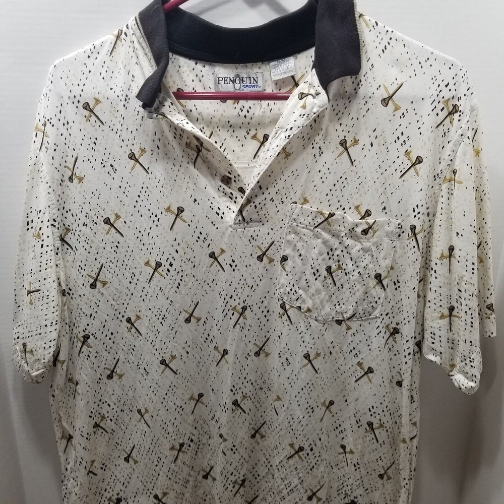 Penguin Sport Men's Polo Shirt Size M Ivory With Golf Tees Print Short Sleeve - Picture 4 of 9